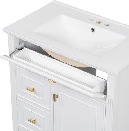 30" Bathroom Vanity with Ceramic Sink, Undermount Single Basin Bath Vanity Set w/1 Flip-Up & 2 Drawers,Modern Freestanding Storage Cabinet w/Adjustable Shelf,Solid Wood Frame,White