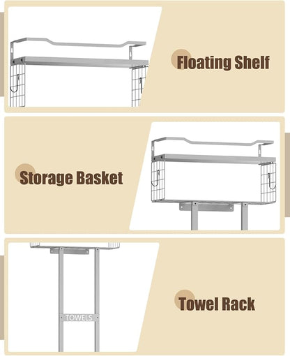 Aetyord Towel Racks for Bathroom - Wall Mounted Metal Rack with Wood Plank, Bathroom Storage Organizer, Towel Holder Stores 6 Large Rolled Towels Easily, All Grey