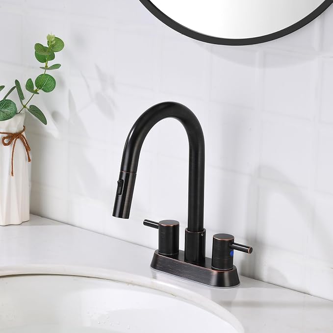 Oil Rubbed Bronze Bathroom Faucet with Pull Out Sprayer, Dual-Function Spout Bronze Bathroom Sink Faucets, 4 Inch Two Handle Utility Sink Faucet with Sprayer 3 Hole, Easy Pet Shower, RVs