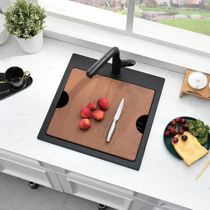 21 Inch Black Drop In Bar Sink Quartz Workstation | 21x20 Drop In Kitchen Sink Matte Black Quartz Composite Small Outdoor Rv Single Bowl Wet Bar Sinks with Cutting Board