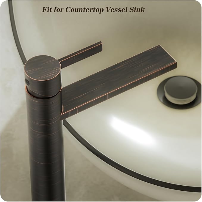 One Hole Tall Bathroom Vessel Sink Faucet, Oil Rubbed Bronze Single Hole Single Handle Modern Bathroom Faucet, with Pop Up Drain and Water Supply Line, FH02-ORB-V