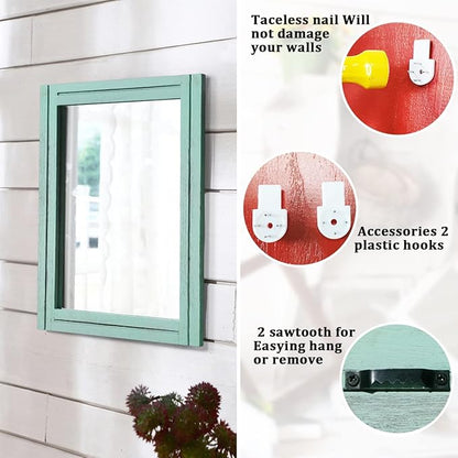 AAZZKANG Rectangle Wall Mirror with Wood Framed Small Modern Hanging Mirrors Decor for Bedroom Bathroom Living Room Entrance Green