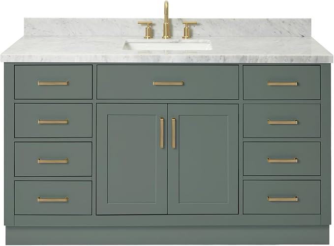 ARIEL Hepburn 60-inch Bathroom Vanity with Sink,Solid Wood, 1.5-inch Italian Carrara Marble Countertop, Single Rectangular Porcelain Sink, 2 Soft Closing Doors, 9 Dovetail Drawers, Vintage Green
