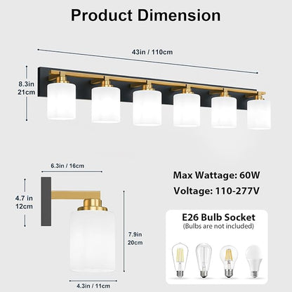 Black and Gold Bathroom Light Fixture, Modern 6 Light Vanity Lights for Bathroom Lighting Fixtures Over Mirror, White Glass Lampshade, Master & Guest bathrooms Bathroom Remodel, 43-inch