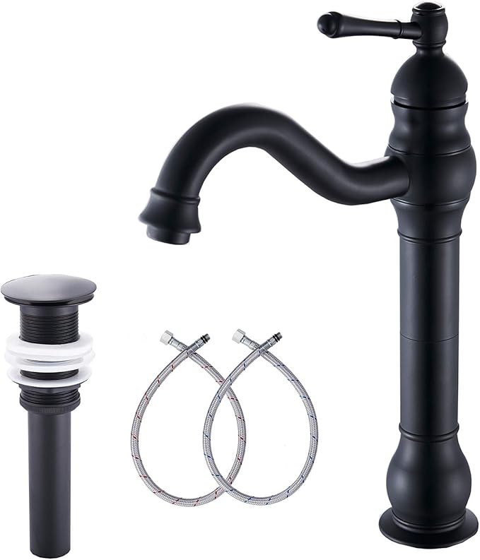 Black Bathroom Faucet GGStudy 360° Swivel Single-Handle One Hole Bathroom Vessel Sink Faucet Matching Pop Up Drain