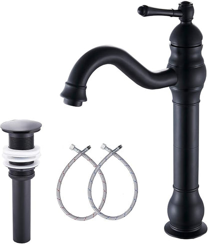 Black Bathroom Faucet GGStudy 360° Swivel Single-Handle One Hole Bathroom Vessel Sink Faucet Matching Pop Up Drain