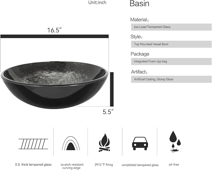 Bathroom Artistic Vessel Sink, Tempered Glass Vanity Round Bowl, Black | Black Faucet, Pop Up Drain, Above Counter, Easy Clean