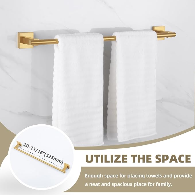 Suyar Brushed Gold Bathroom Accessories, Bathroom Hardware Set 4 Pieces | Include Robe Hook, Toilet Paper Holder, Hand Towel Holder, Towel Bar, SUS304 Stainless Steel, Wall Mounted