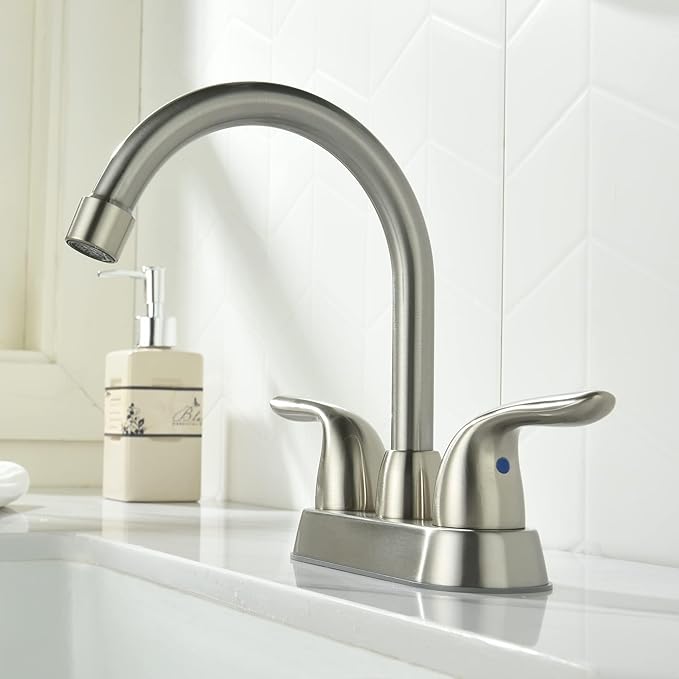 Bathroom Sink Faucets, 4 Inch, 2 Handle Centerset, Pop-up Drain Stopper, Supply Hoses (4-inch Centerset Faucet, Brushed Nickel)