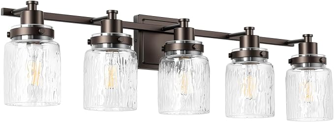 5 Light Bathroom Vanity Light Fixtures Farmhouse Oil Rubbed Bronze | ETL Certificate, Easy to Install,Wall Mount Up or Down,Hammered Glass Lampshade,E26 Socket,Hardwired,120V