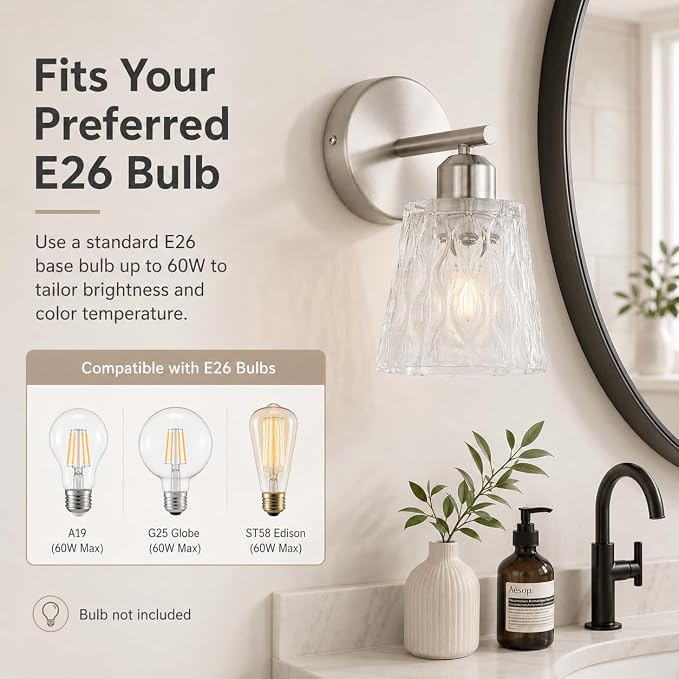 Brushed Nickel Bathroom Light Fixture, 1-Light Modern Vanity Wall Sconce with Textured Glass Shade, Stainless Steel Construction, E26 Socket (Bulb Not Included)
