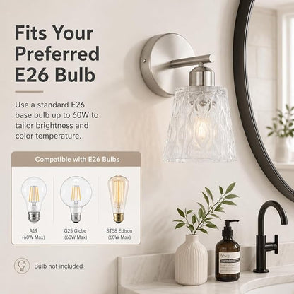 Brushed Nickel Bathroom Light Fixture, 1-Light Modern Vanity Wall Sconce with Textured Glass Shade, Stainless Steel Construction, E26 Socket (Bulb Not Included)