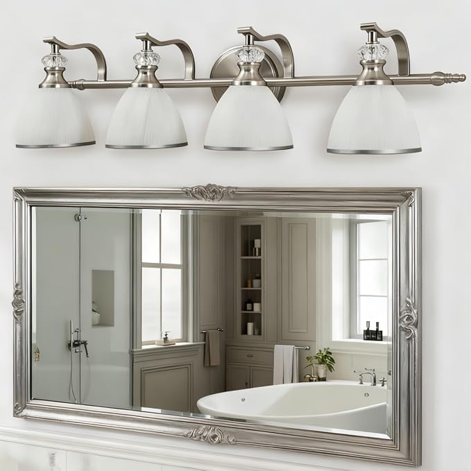 Bathroom Light Fixtures Over Mirror, 4-Light Brushed Nickel Vanity Lights for Bathroom, 27.8 Inch Vintage Wall Sconce with Milk White Bell Glass Shades, Rustproof Silver Finish, E26 Base