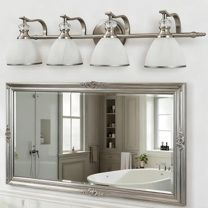 Bathroom Light Fixtures Over Mirror, 4-Light Brushed Nickel Vanity Lights for Bathroom, 27.8 Inch Vintage Wall Sconce with Milk White Bell Glass Shades, Rustproof Silver Finish, E26 Base