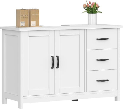 TEENFON Pedestal Sink Storage Cabinet with 2 Doors & 3 Drawers, Bathroom Sink Cabinet, Under Sink Cabinet with U-Shape Cut-Out, White