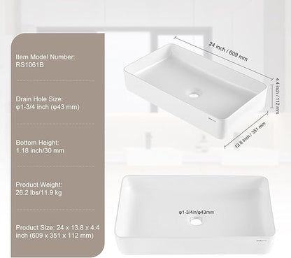 VEVOR Rectangle Vessel Sink, 24" x 13.8" Bathroom Vessel Sink Countertop, White Ceramic Bathroom Sinks Above Counter, Modern Style, Bright and Elegant, Well-Packaged for Bathroom, Hotel, Toilet, RV