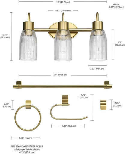 Globe Electric 63000208 5-Piece All-in-One Bathroom Accessory Set with 19" 3-Light Vanity Light, Matte Brass, Ribbed Glass Shades, Towel Bar, Robe Hook, Toilet Paper Holder, Towel Ring, Powder Room