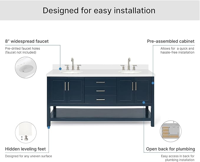 ARIEL Magnolia 72-inch Bathroom Vanity with Sink,Solid Wood, 1.5-inch Pure White Quartz Countertop & Backsplash, Double Oval Porcelain Sink, 4 Soft Closing Doors, 3 Dovetail Drawers, Midnight Blue