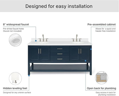 ARIEL Magnolia 72-inch Bathroom Vanity with Sink,Solid Wood, 1.5-inch Pure White Quartz Countertop & Backsplash, Double Oval Porcelain Sink, 4 Soft Closing Doors, 3 Dovetail Drawers, Midnight Blue