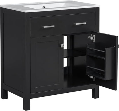 Favfurish 30" Bathroom Vanity with Ceramic Sink,Undermount Single Basin Vanity Set w/1 Flip-Out Drawer and 2 Soft-Close Doors & Adjustable Shelf,Freestanding Storage Cabinet,Solid Wood Frame,Black