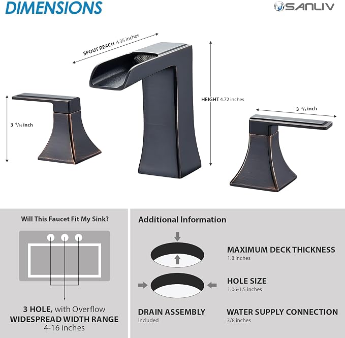 Oil Rubbed Bronze Bathroom Faucet, Sanliv 2-Handle Widespread Bathroom Faucet for 3-Hole Sinks 4-16 inch, Bronze Waterfall Vanity Faucet with Pop-Up Drain (ORB)