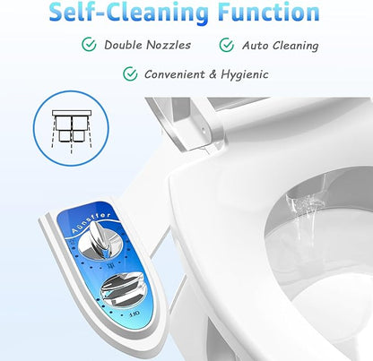 Bidet Attachment for Toilet, Non-Electric Fresh Cold Water, Toilet Bidet with Dual Nozzles Sprayer, Adjustable Water Pressure Control, 3 Modes Wash (Feminine/Bidet Wash + Self-Cleaning)