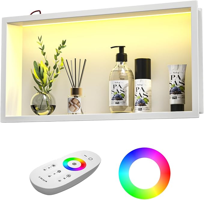 Stainless Led Shower Niche 24"x12" White RGB Light No Tile Needed | 304 stainless steel shower niche,recessed niche shower,Led driver & remote control included,dimmable,bathroom shower storage