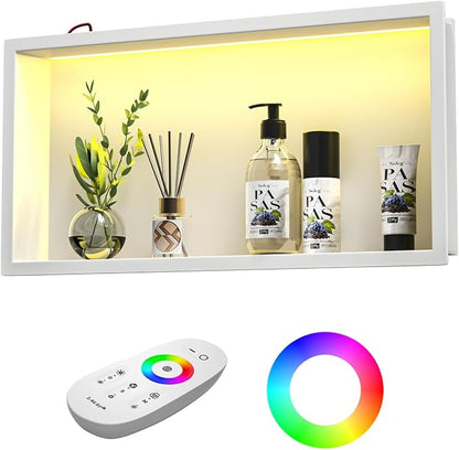 Stainless Led Shower Niche 24"x12" White RGB Light No Tile Needed | 304 stainless steel shower niche,recessed niche shower,Led driver & remote control included,dimmable,bathroom shower storage