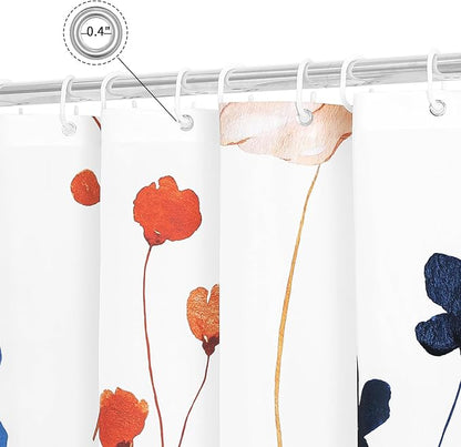 Orange Navy Beige Watercolor Floral Fabric Shower Curtain, 72x72 | Waterproof Fabric, Modern Minimalist Floral Print, Machine Washable, Rustproof Grommets, for Bathroom Home
