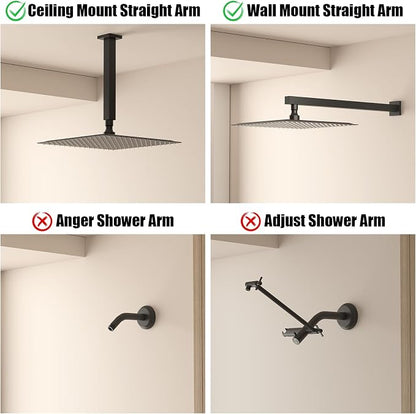 12 Inch Rain Shower Head, 12" Square Rainfall & High Pressure Stainless Steel Bath Showerhead, 1/16" Ultra Thin, Waterfall Full Body Coverage with Silicone Nozzle, Matte Black Finish | Square Rain Bathroom Showerhead, High Flow, Large Stainless Steel, ...