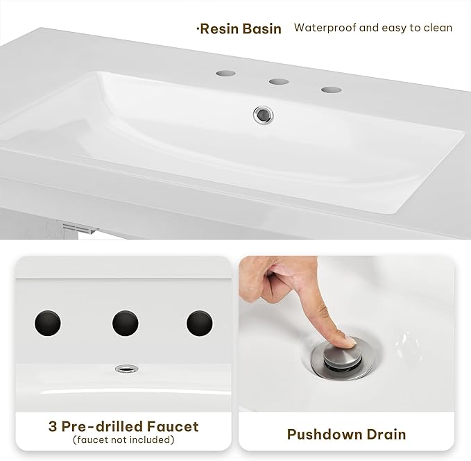 DWVO 42 Inch Bathroom Vanity with Sink, Modern Bathroom Storage Cabinet with Resin Basin, Three Holes, 2 Doors & 3 Drawers