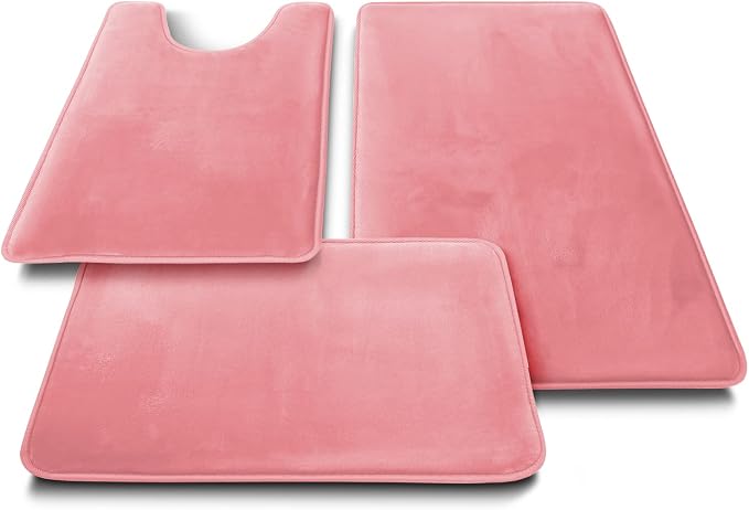 Clara Clark 3 Piece Bathroom Rugs Bath Mat Set, Velvet Memory Foam Bath Mats for Bathroom - Non-Slip, PVC Backing Bath Rugs, Washable - Dries Quickly, Pink