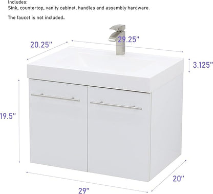 Wall Mount Floating Bathroom Vanity Sink Set. Dark Grey Vanity, White Integrated Sink Countertop - 29.25"