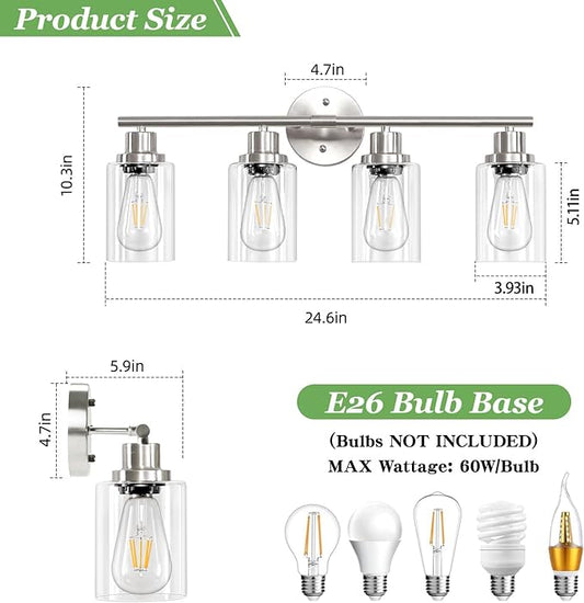 4-Light Nickel Bathroom Light Fixtures, E26 Modern Vanity Lights for Bathroom with Clear Glass Shade, Wall Lamps for Mirror Hallway Kitchen Cabinet Living Room Sconces Lights
