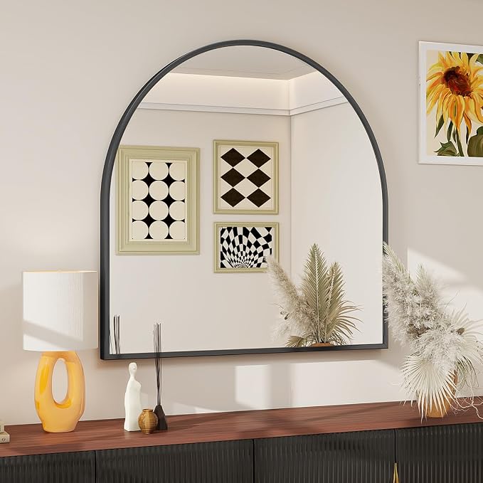BEAUTYPEAK 31"x32" Arch Bathroom Wall Mirror, Black | Wall Mounted Vanity Metal Frame Mirror for Bedroom, Entryway, Living Room, Fireplace