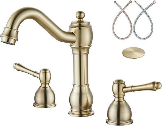Aolemi 8 Inch Widespread Bathroom Sink Faucet 3 Hole Deck Mount Vanity Basin Mixer Tap with Pop Up Drain Assembly Brushed Gold Double Lever Handle