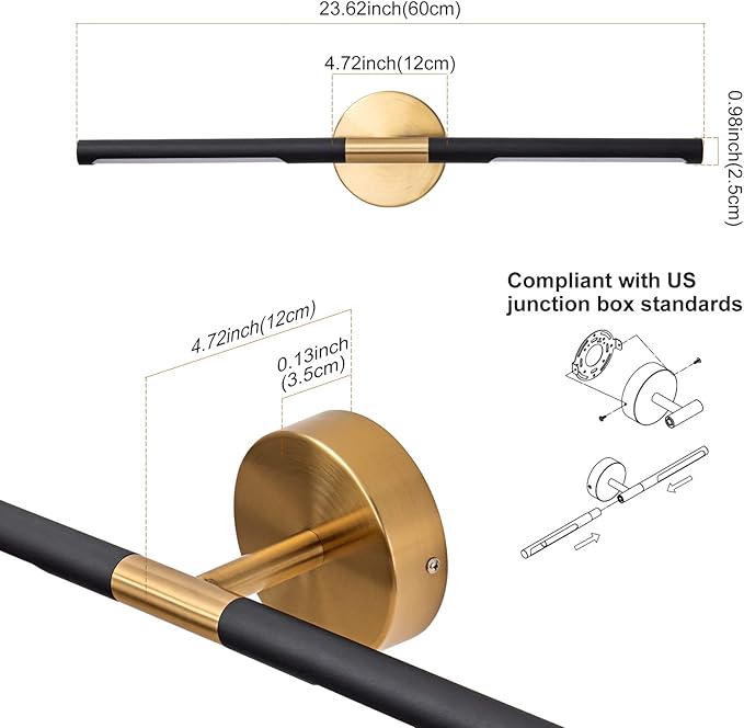 Modern Bathroom Light Fixtures Over Mirror 23.6 Inch, 18W 360° Rotatable Dimmable 4000K Led Vanity Light Bar, Black and Gold Bathroom Vanity Lights Above Mirror
