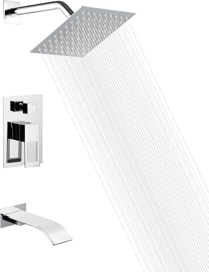 SUMERAIN Tub and Shower Faucet Set Chrome Finish | Waterfall Tub Spout, Anti-scalding Pressure Balance Valve, 8 Inch High Pressure Shower Head