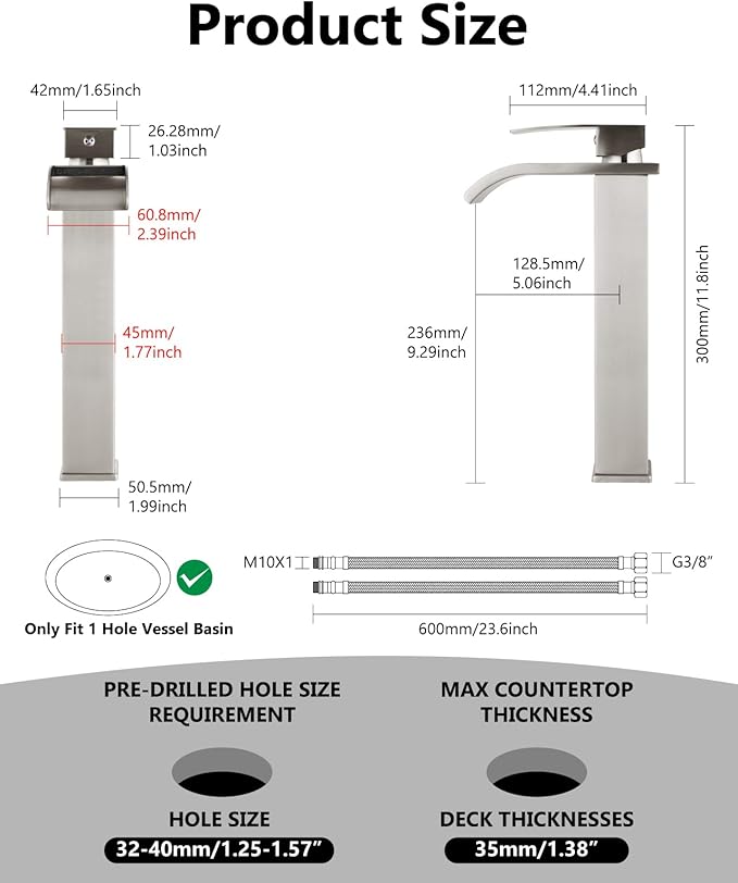 Vessel Sink Faucet Waterfall Tall Bathroom Faucet Single Handle,Single Hole Lavatory Vanity Mixer Tap with Pop Up Drain and Supply Lines,Brushed Nickel