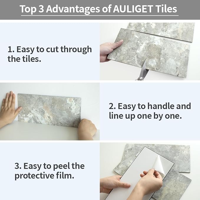 AULIGET 2-Piece Peel and Stick Backsplash Wall Tiles, 6" x 12" Grey & Beige Slate PVC Faux Stone Stick on Tiles for Backsplash Kitchen