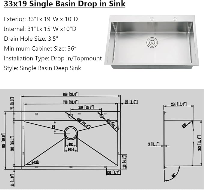 33x19 Drop in Kitchen Sink Single Bowl Stainless Steel Sink | 33 Inch Kitchen Sink Top Mount 16 Gauge Single Bowl Deep Basin with Drain Strainer