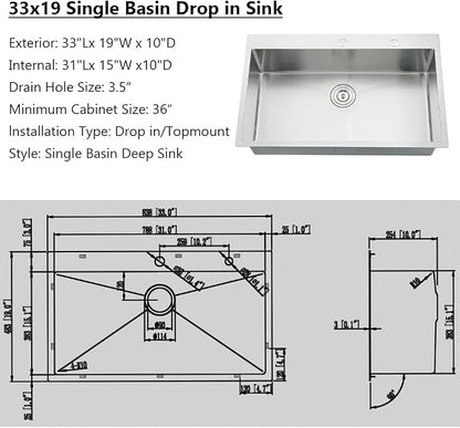 33x19 Drop in Kitchen Sink Single Bowl Stainless Steel Sink | 33 Inch Kitchen Sink Top Mount 16 Gauge Single Bowl Deep Basin with Drain Strainer