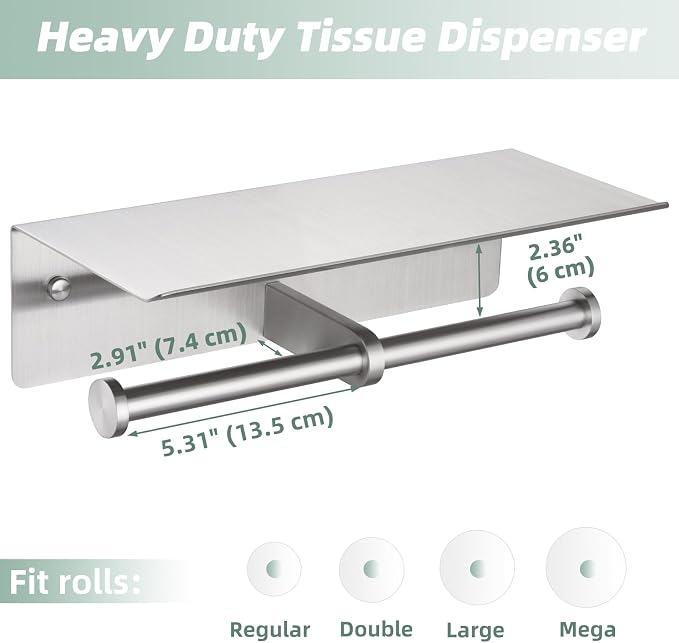 Brushed Nickel Double Toilet Paper Holder with Shelf, Wall Mounted | 304 Stainless Steel, Rust-resistant for Bathroom Restroom Powder Room, Dual Rolls Tissue Holder, Large Phone Storage