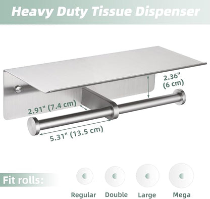 Brushed Nickel Double Toilet Paper Holder with Shelf, Wall Mounted | 304 Stainless Steel, Rust-resistant for Bathroom Restroom Powder Room, Dual Rolls Tissue Holder, Large Phone Storage
