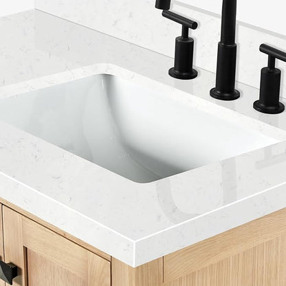 ARIEL Cambridge 36-inch Bathroom Vanity with Sink,Solid Wood, 1.5-inch Carrara White Quartz Countertop, Single Rectangular Porcelain Sink, 2 Soft Closing Doors, 5 Dovetail Drawers, White Oak