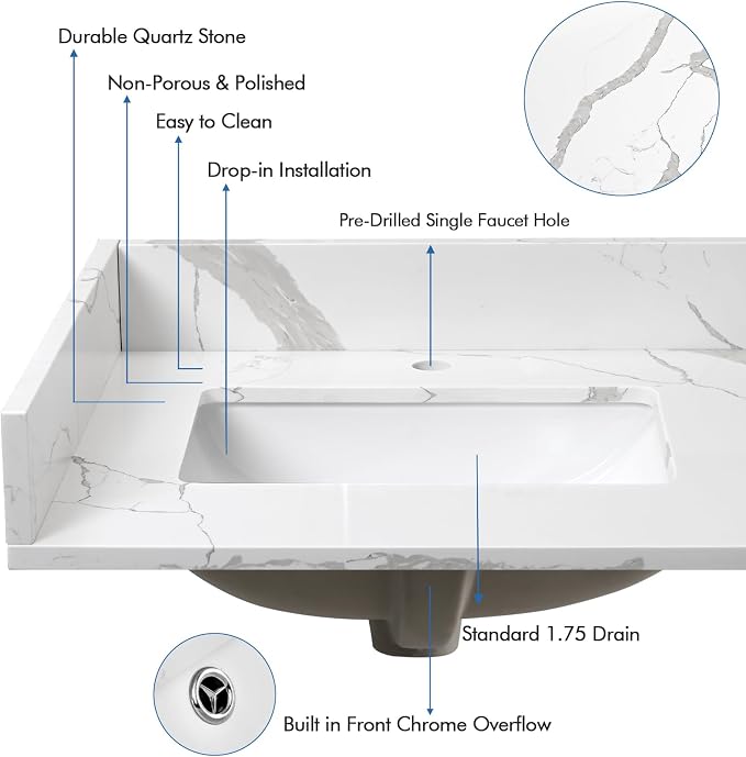 24 in.W x 22 in.D Quartz Calacatta River Vanity Top,with Undermount Middle Sink Vanity Top,with One Sidesplash & One Backsplash,Single Faucet Hole Spread Bathroom Vanity Sink Countertop