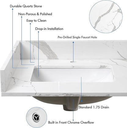 24 in.W x 22 in.D Quartz Calacatta River Vanity Top,with Undermount Middle Sink Vanity Top,with One Sidesplash & One Backsplash,Single Faucet Hole Spread Bathroom Vanity Sink Countertop
