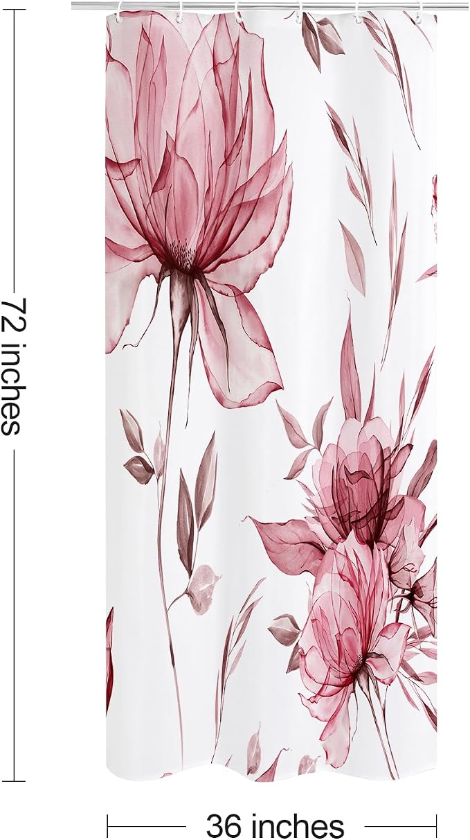 Burgundy Boho Floral Shower Curtain, Watercolor Botanical Design, 36 x 72 | Boho Floral Design, Watercolor Ink Painting Style, Botanical Flowers & Leaves, Elegant Bathroom Accent, Fabric Cloth Curtain