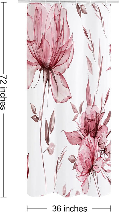 Burgundy Boho Floral Shower Curtain, Watercolor Botanical Design, 36 x 72 | Boho Floral Design, Watercolor Ink Painting Style, Botanical Flowers & Leaves, Elegant Bathroom Accent, Fabric Cloth Curtain