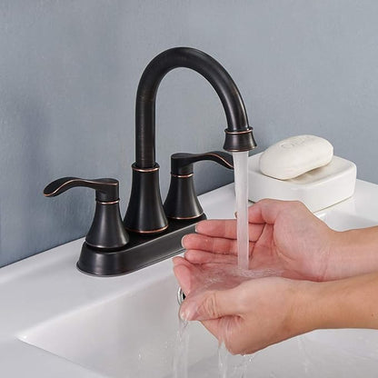 Lead-Free Antique 2 Handle Oil Rubbed Bronze Bathroom Sink Faucet, 360° Swivel High-Arc Spout 4-Inch Centerset Lavatory Vanity Faucets Set with Drain & Water Hoses, VABM10003H
